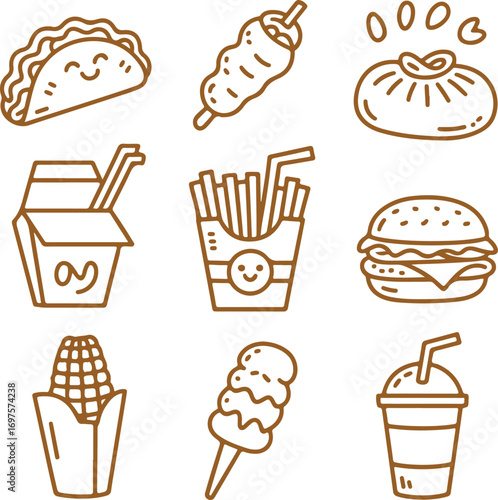 Set of cute kawaii street food icons in thin line art style. Vector collection of fast food illustrations