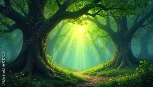 Magical Sunlight Dapples Heart-Shaped Leaves in an Enchanted Forest, Creating a Breathtaking Mystical Atmosphere Perfect for Fantasy and Romance
