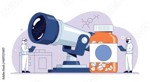 Scientists in hazmat suits research new medicine formulas with telescope and pills
