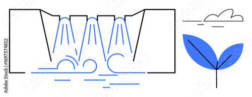 Flowing water from dam into river, blue eco leaf symbol, minimal cloud in the sky. Ideal for renewable energy, sustainable innovation, eco-friendly design, green technology, water resource