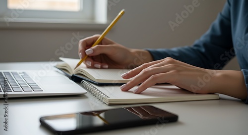 A person takes notes by hand with a yellow pencil, next to a laptop and smartphone.