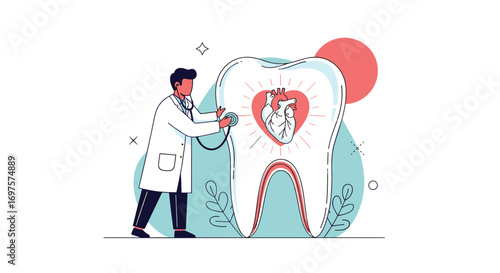 Dentist examines giant tooth with heart inside symbolizing oral health connection to overall well-being