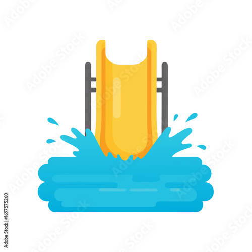 a yellow water slide with a splash of blue water at the bottom in a fun park