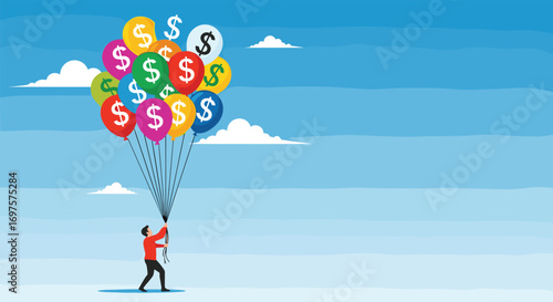Man holding balloons filled with money symbolizing wealth growth and financial success soaring high