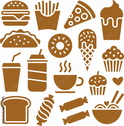 A diverse collection of popular indulgent food and sweet treat icons presented in a clean, warm brown silhouette style