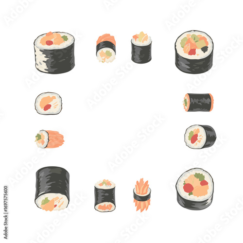 A variety of sushi rolls and pieces arranged on a white background in a visually appealing pattern for food and culinary related uses