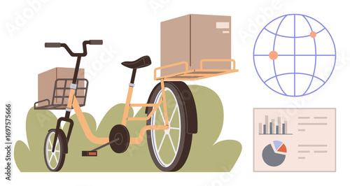 Cargo bike carrying boxes, highlighting sustainable delivery. Globe with location markers, bar and pie chart symbolizing global logistics, data analysis. Ideal for sustainability, delivery