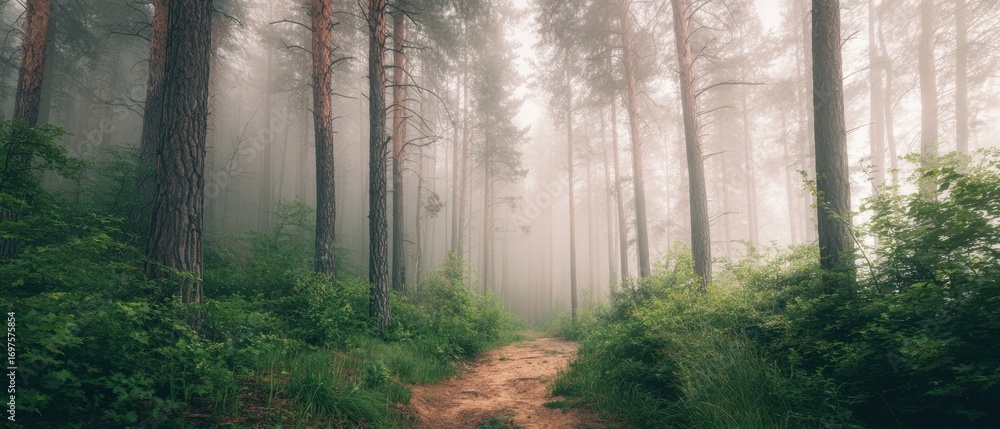 Naklejka premium The Forest Path Through Misty Pines Evoking Calm, Mystery, and Adventure
