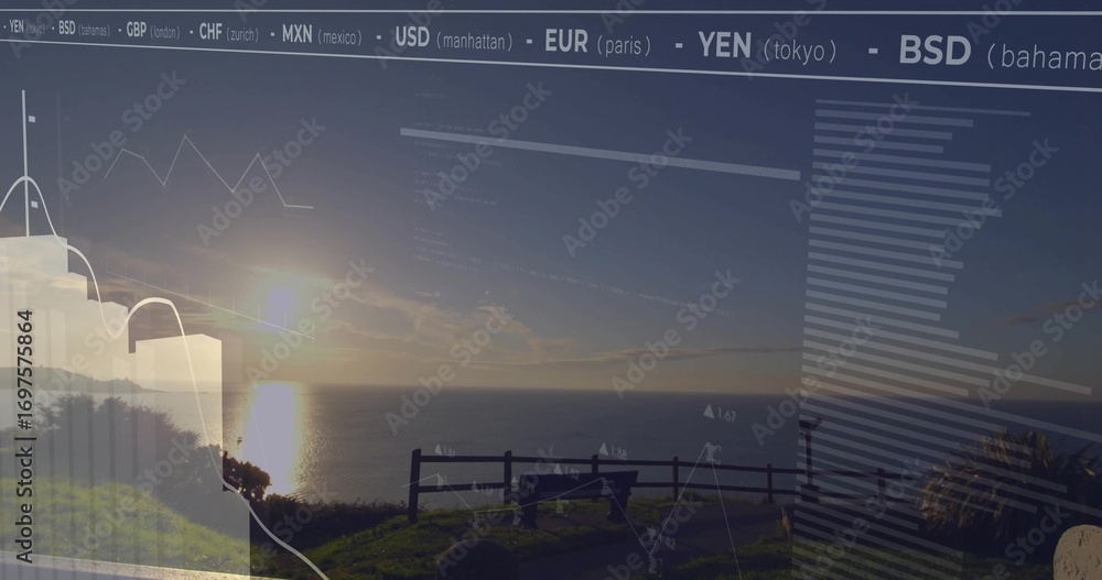Obraz premium Displaying wooden bench and fence facing ocean at sunset on cliff, blending financial data overlay