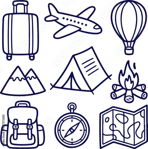 Travel Icons Doodle Luggage, Airplane, Balloon, Camping, Backpack, and Compass