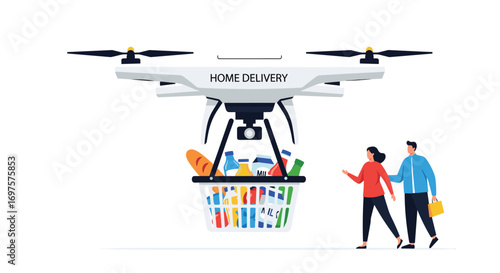 Drone delivers groceries to happy couple, embracing modern convenience and effortless living.