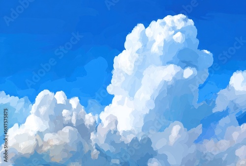 A bright, cheerful sky is filled with fluffy, white cumulonimbus clouds. Light blue backdrop, painted style. Airiness, daytime, peaceful vista