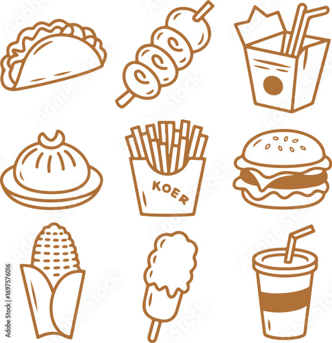 Delicious Fast Food And Snacks Icon Set - A Variety Of Delicious Treats