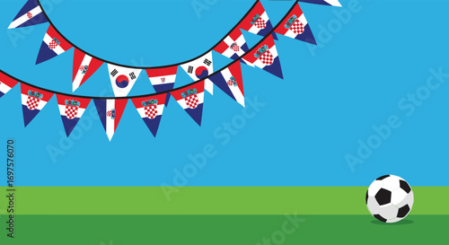 Cheer for your team with croatian and south korean flags and a soccer ball on a green field