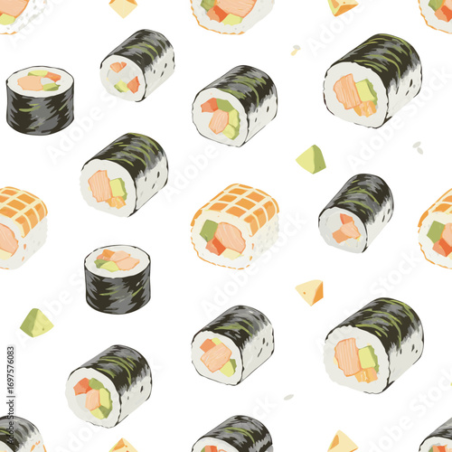 A vibrant sushi pattern featuring various rolls with salmon and vegetables on a white background with scattered ginger pieces