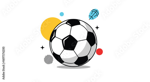 Dynamic soccer ball illustration with vibrant abstract shapes and starbursts for sports promotions