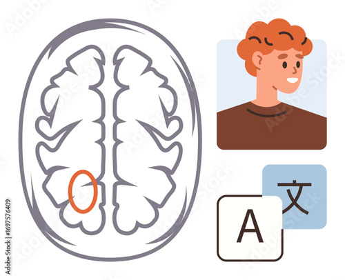 Human face with brain diagram highlighting language center and text symbols. Ideal for neuroscience, education, language learning, translation, cognition, linguistics, simple flat metaphor