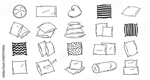 Doodle drawing pillow set. Soft pillow for sleep, outline hand drawn pillows. Rest bedroom decoration. Hand drawn cozy pillows for bed and sofa