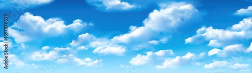 A cartoon rendering of a bright blue sky filled with fluffy white clouds, fading to a lighter blue towards the horizon