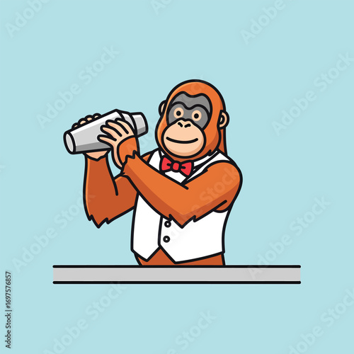 Cartoon Orangutan Bartender Mixing Drinks with Cocktail Shaker A Playful Illustration