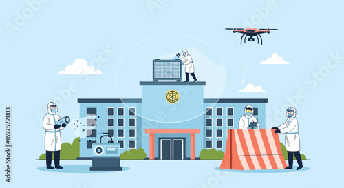 Professionals in hazmat suits use drones and foggers for building disinfection and safety protocols