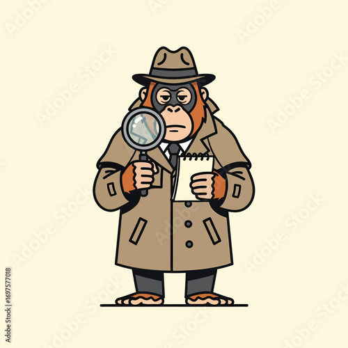 Cartoon orangutan detective in trench coat fedora holding magnifying glass and notepad investigating.