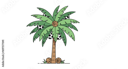 Tropical fun with palm tree loaded with soccer and basketballs creating a unique sports vacation vibe