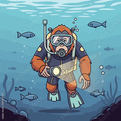 Cartoon orangutan diver exploring underwater wearing mask snorkel fins and holding a flashlight.