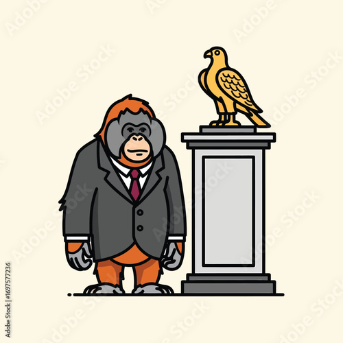 Dignified orangutan in a business suit standing beside a golden eagle statue on a pedestal cartoon illustration.