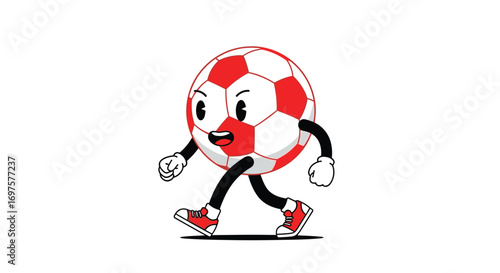Playful cartoon soccer ball character happily walking with vibrant red and white design, ready for action