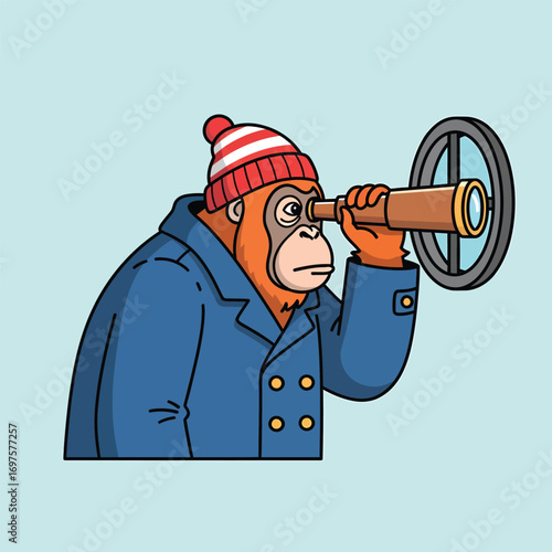 Curious orangutan in blue peacoat and striped beanie looking through a brass telescope.