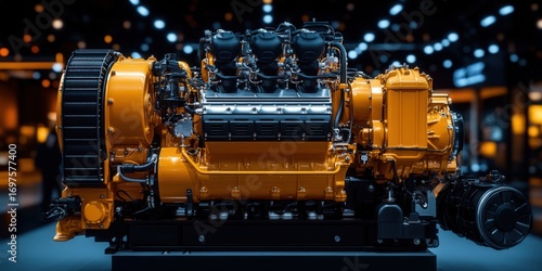 This image showcases a powerful industrial diesel engine, highlighting its intricate details and design.