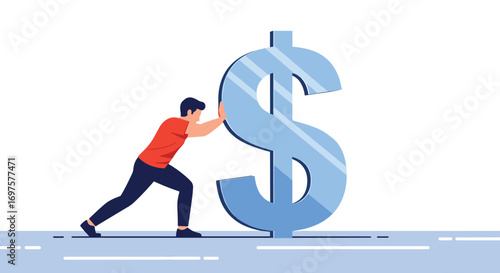 Dedicated businessman pushing large dollar sign symbol for financial growth and success