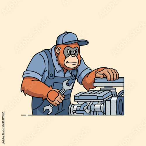 Cartoon orangutan mechanic in blue overalls and cap holding a wrench intently working on an engine illustration