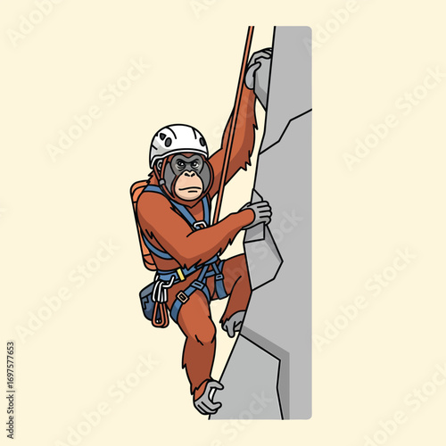 An adventurous cartoon orangutan in full climbing gear, including a helmet and harness, scales a steep rock face