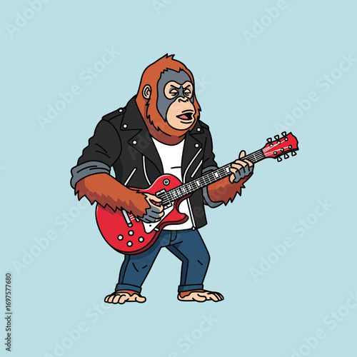 Cartoon orangutan rocker playing red electric guitar wearing black leather jacket and blue jeans.