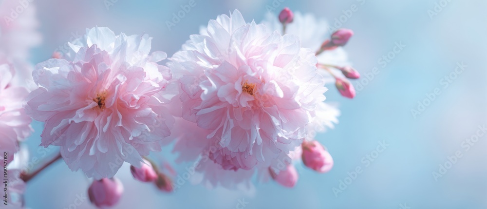 Fototapeta premium The Cherry Blossoms Close-Up in Soft Pastel Light with Bokeh Background