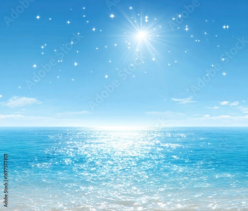 Glistening sea meets bright blue sky dotted with stars. Sunlight reflects off the water, creating a serene and shimmering scene