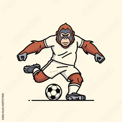 Cartoon orangutan soccer player in white uniform kicking a football with determined expression.
