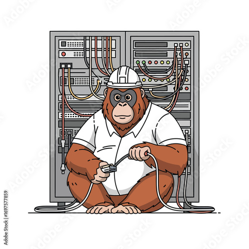 Cartoon orangutan IT worker in hard hat sitting with network cable in front of server rack.