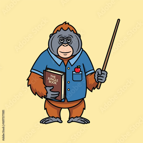 Wise cartoon orangutan teacher holding The Jungle Book and pointer stick wearing blue shirt with apple.