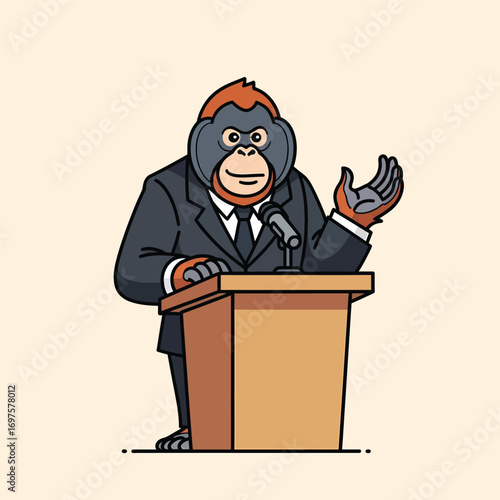 Cartoon orangutan in suit at podium gesturing speaking into microphone professional illustration.
