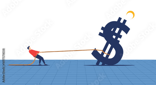 Determined person struggles to pull giant dollar sign, symbolizing financial effort and economic challenges