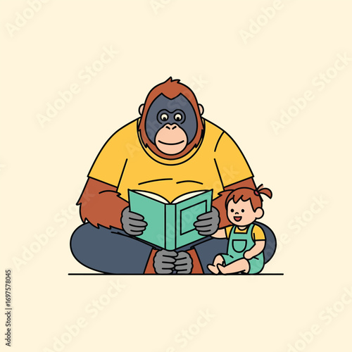 Friendly cartoon orangutan and child reading a storybook sitting side-by-side learning together.