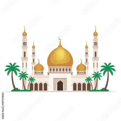 Clean vector illustration of a grand mosque with golden dome, elegant minaret, and palm trees isolated on a white background