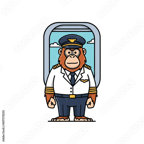 Cute cartoon orangutan pilot standing in white uniform with a black tie and captains hat.