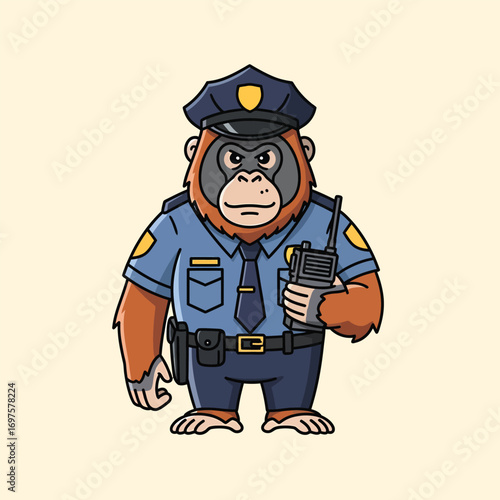 Cartoon Orangutan Police Officer Character in Blue Uniform Holding Walkie-Talkie Standing.