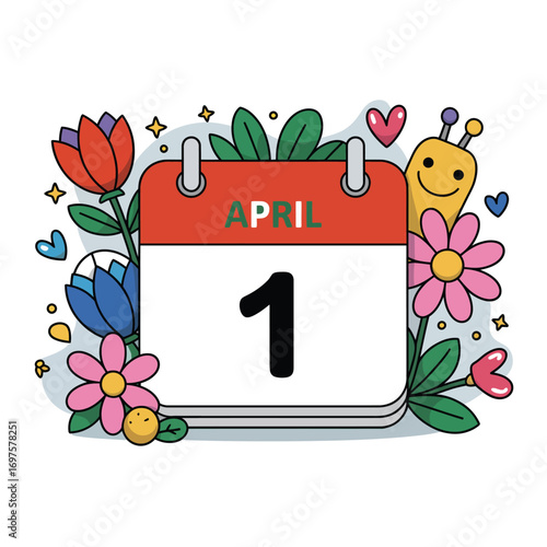 Colorful vector illustration of a calendar sheet showing April 1 with playful decorations isolated on a white background