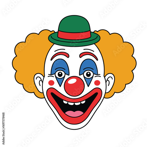 Colorful vector illustration of a cheerful clown face with big red nose makeup and hat isolated on a clean white background