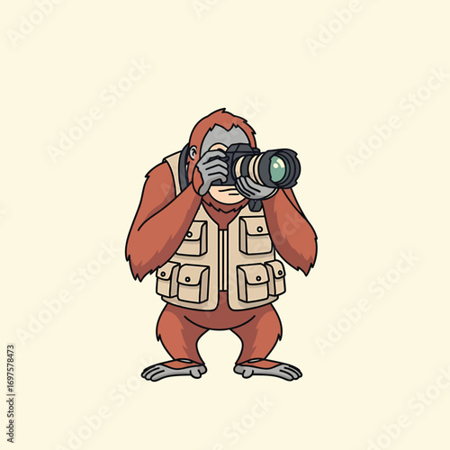 Cartoon Orangutan Photographer in Safari Vest Holding DSLR Camera.